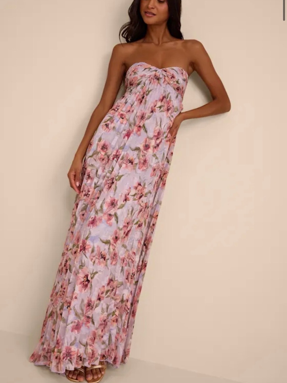 Lulus Nola Lavender Floral Pleated Strapless Maxi Dress NWT